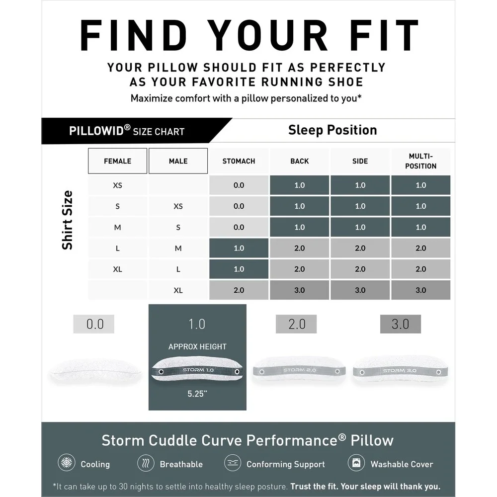 Bedgear Storm 1.0 Cuddle Curve Performance Pillow Cooling Side Sleeper White